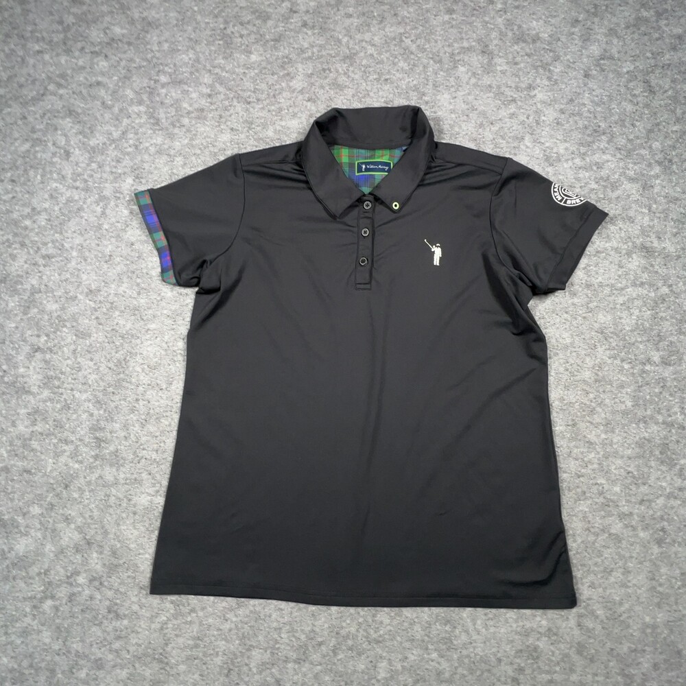 WILLIAM MURRAY Golf Polo Womens L Black Tartan Plaid Trim Performance Stretch